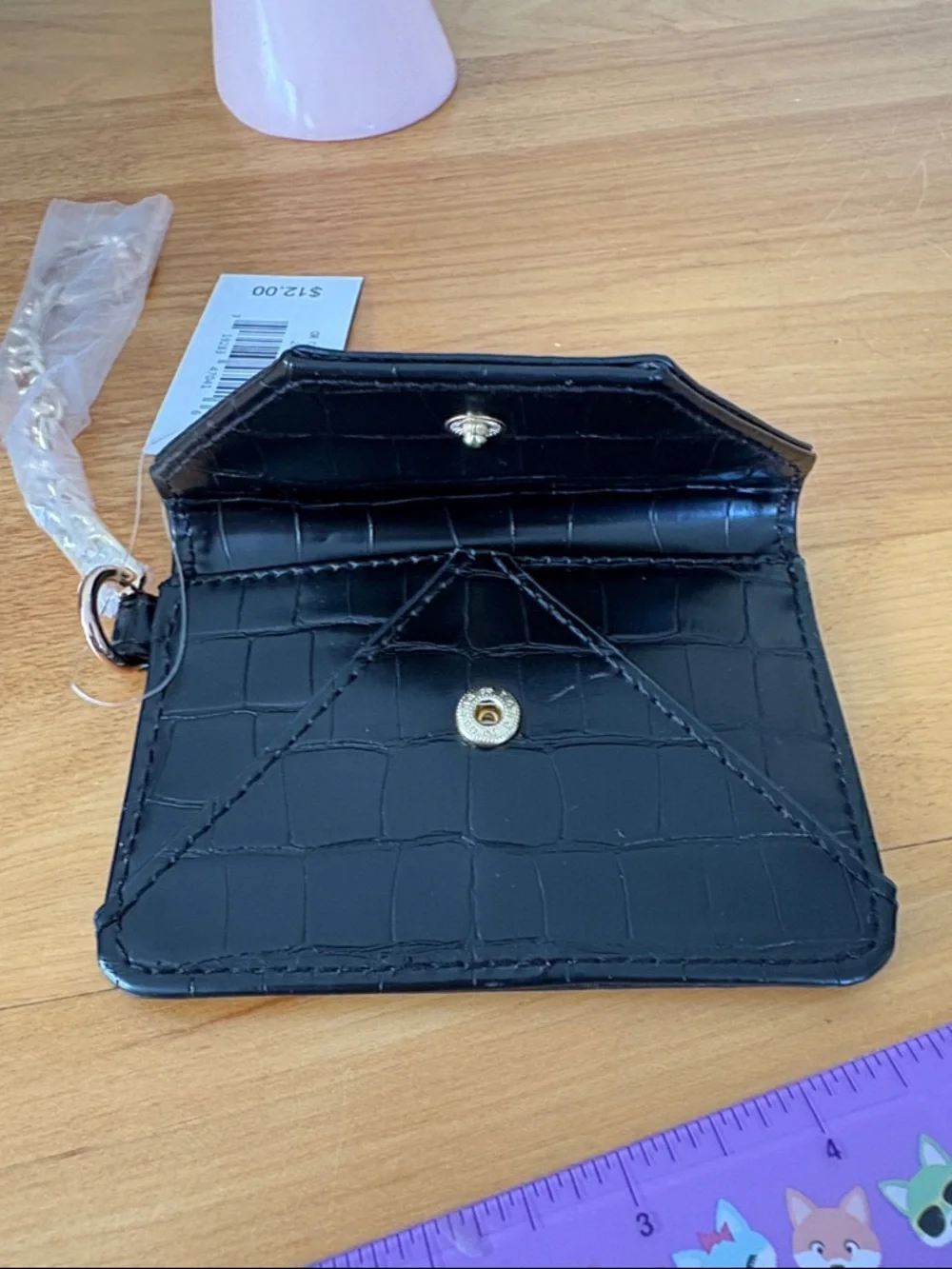 Ophelia Roe Black Card Case ID Holder Key Chain Croc Embossed NEW MSRP $12